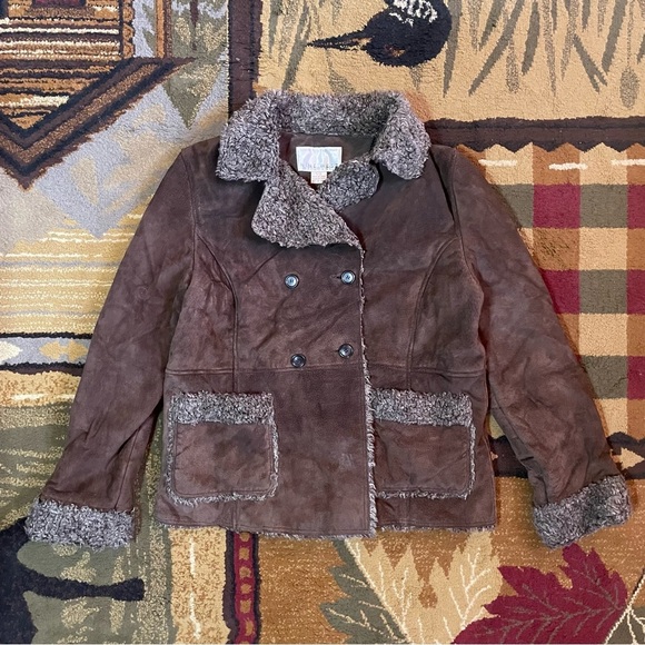 Nine West Brown Leather Jacket with Fuzzy Gray Collar - Picture 1 of 11